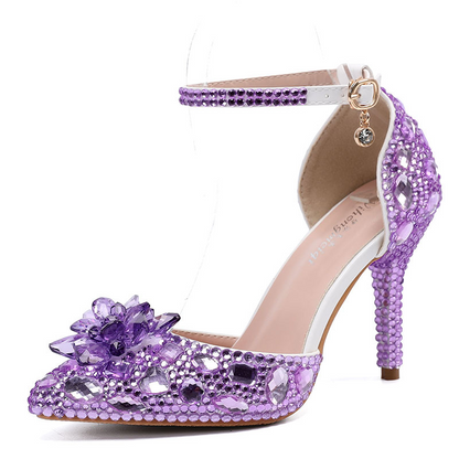 Crystal Rhinestone Pointed Toe Ankle Strap Wedding Heels