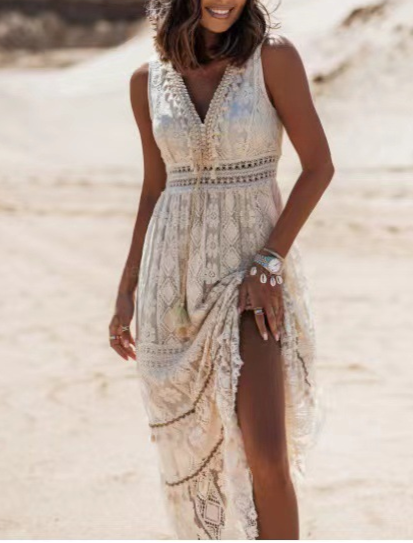 Deep V-Neck Lace Embroidered Hollow Maxi Dress