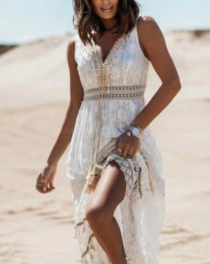Deep V-Neck Lace Embroidered Hollow Maxi Dress