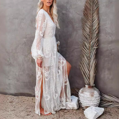 V-Neck Half Sleeves Lace Bohemian Maxi Dress