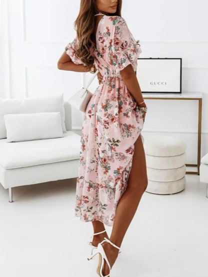V-Neck Short Sleeves Floral Print Pleated Layered Casual Maxi Dress