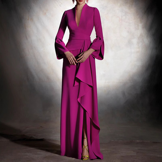 Plunge Neck Bell Sleeves Bridesmaid Dress