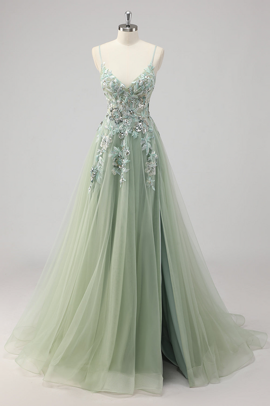 Green Sequin A Line Appliqued Prom Dress