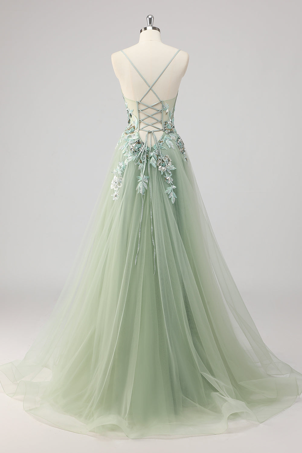 Green Sequin A Line Appliqued Prom Dress