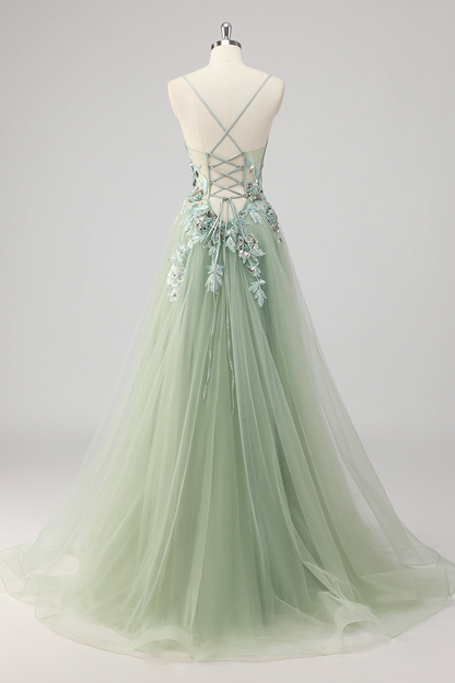 Green Sequin A Line Appliqued Prom Dress