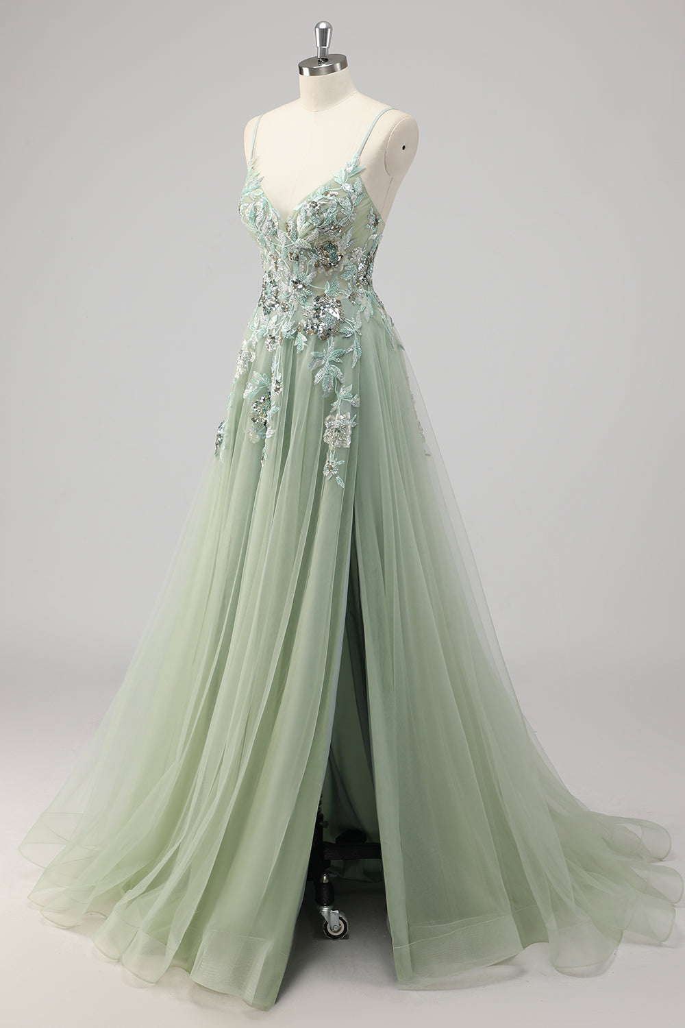 Green Sequin A Line Appliqued Prom Dress
