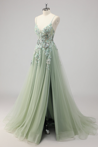 Green Sequin A Line Appliqued Prom Dress