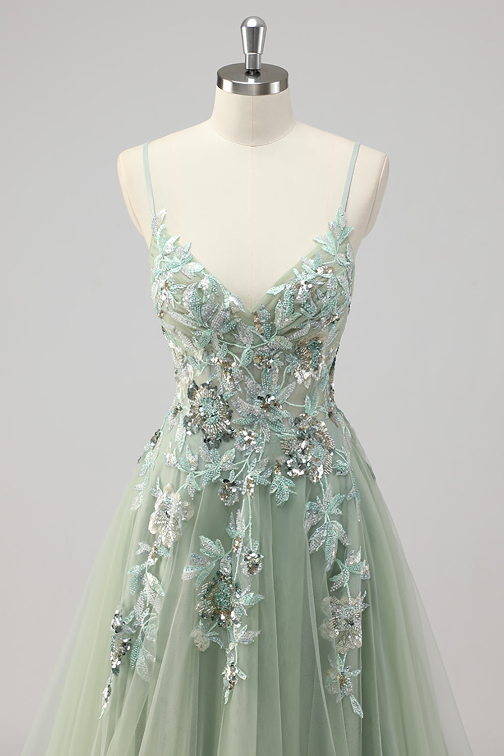 Green Sequin A Line Appliqued Prom Dress