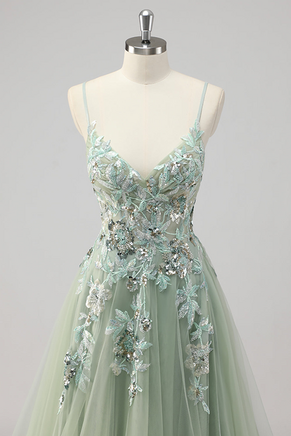 Green Sequin A Line Appliqued Prom Dress