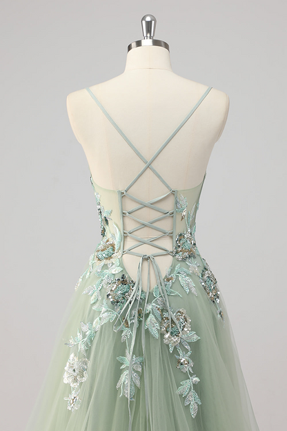 Green Sequin A Line Appliqued Prom Dress