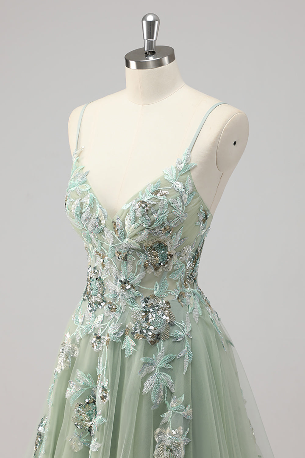 Green Sequin A Line Appliqued Prom Dress
