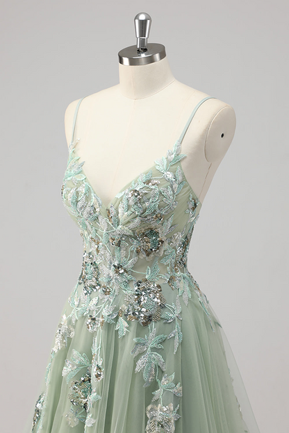 Green Sequin A Line Appliqued Prom Dress