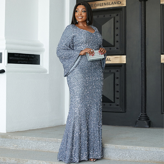 Gray Sequin Flared Sleeve Curve Dress