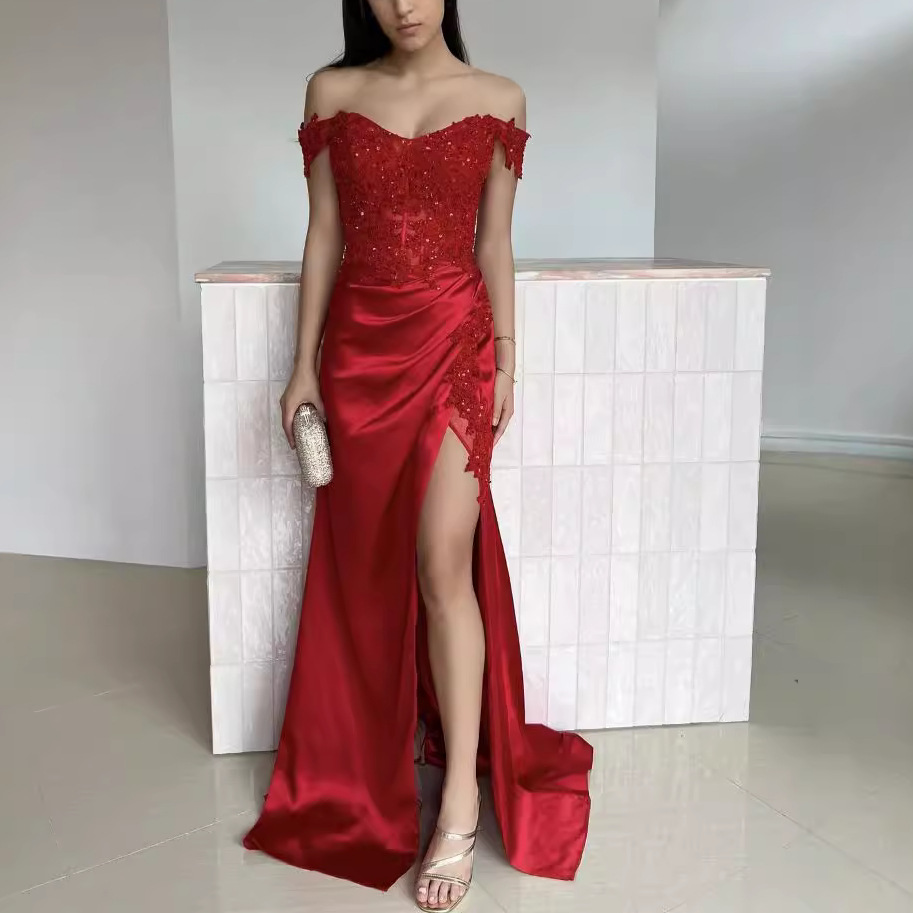 Satin Off-the-shoulder Corset Prom Dress With Appliques