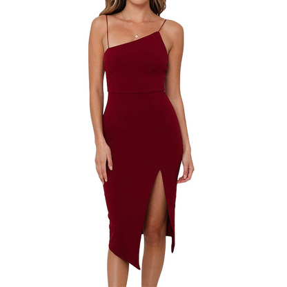 Column Square Neckline Tea-length Split Front Bridesmaid Dress