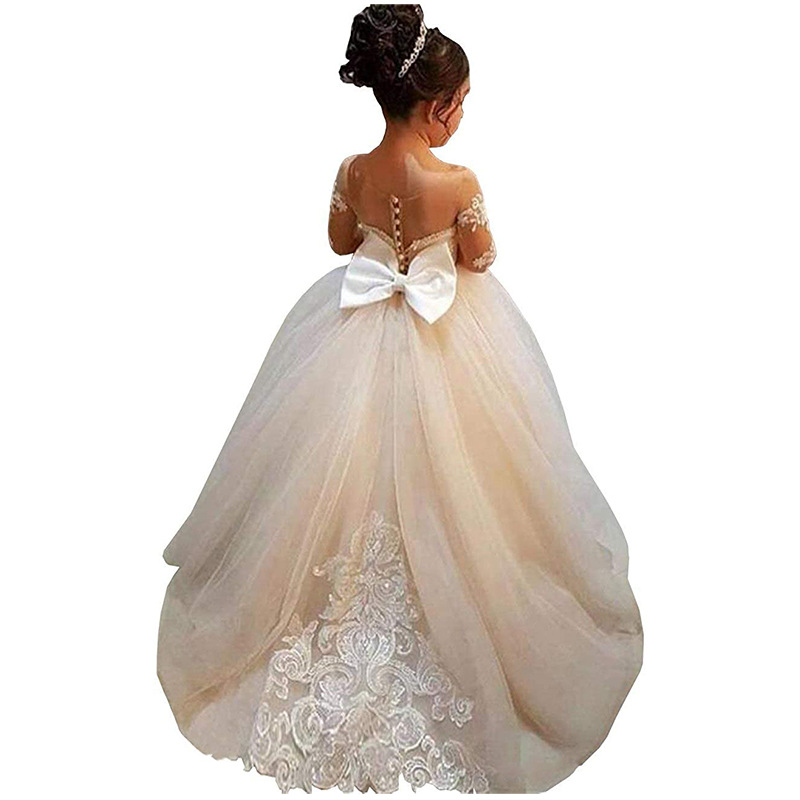 Luxury Bow Accented Flower Girl Dress With Lace Applique