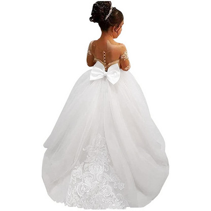 Luxury Bow Accented Flower Girl Dress With Lace Applique