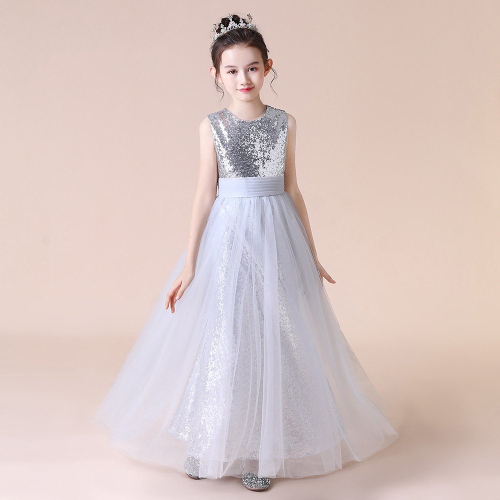 A-Line Square Neckline Tea-Length Tulle Sequined Flower Girl Dress
