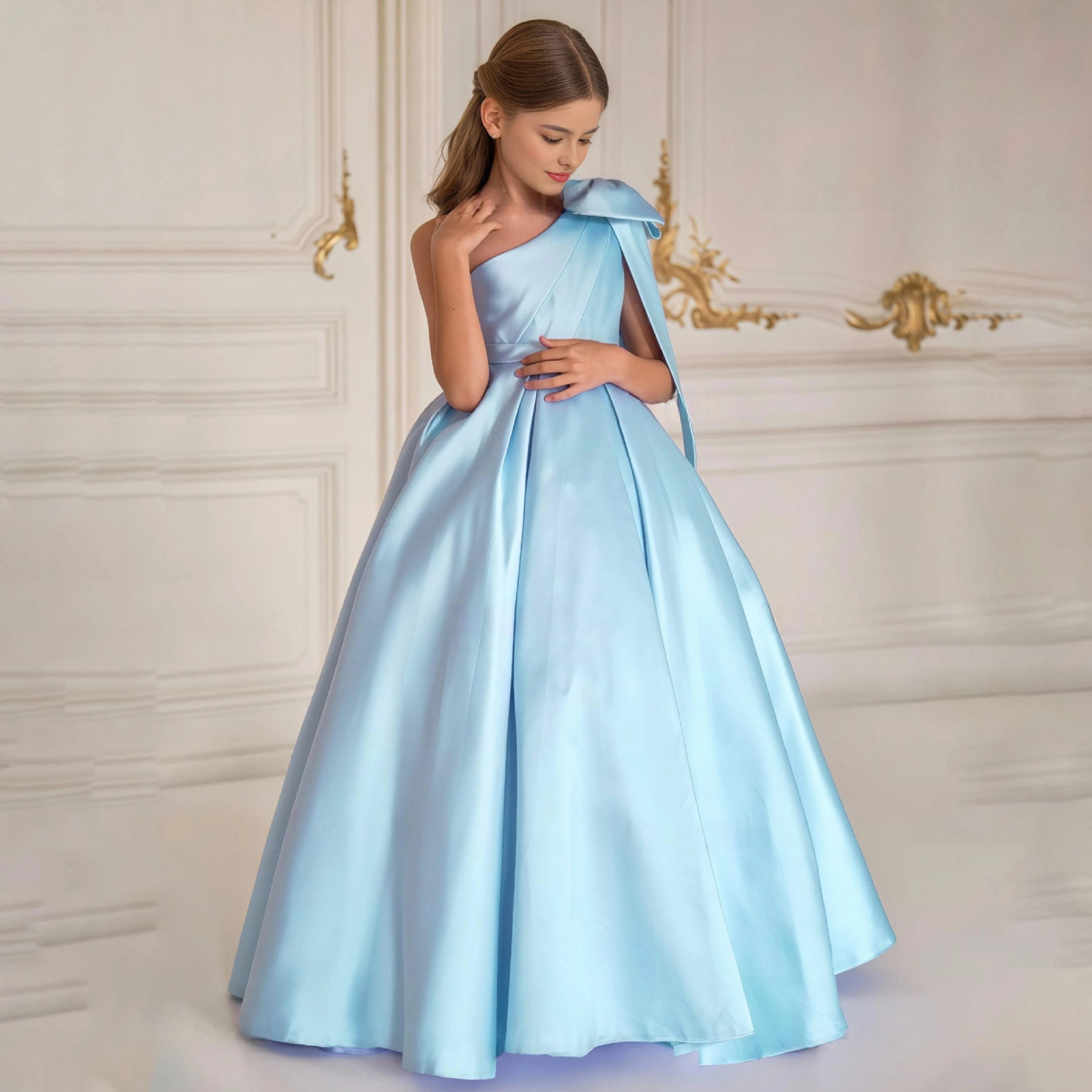 Sweet Bow One-Shoulder A-Line Floor-Length Satin Flower Girl Dress