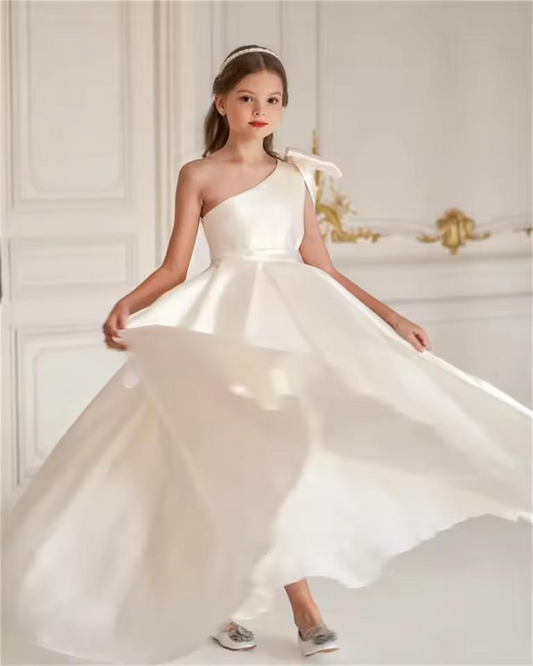 Sweet Bow One-Shoulder A-Line Floor-Length Satin Flower Girl Dress
