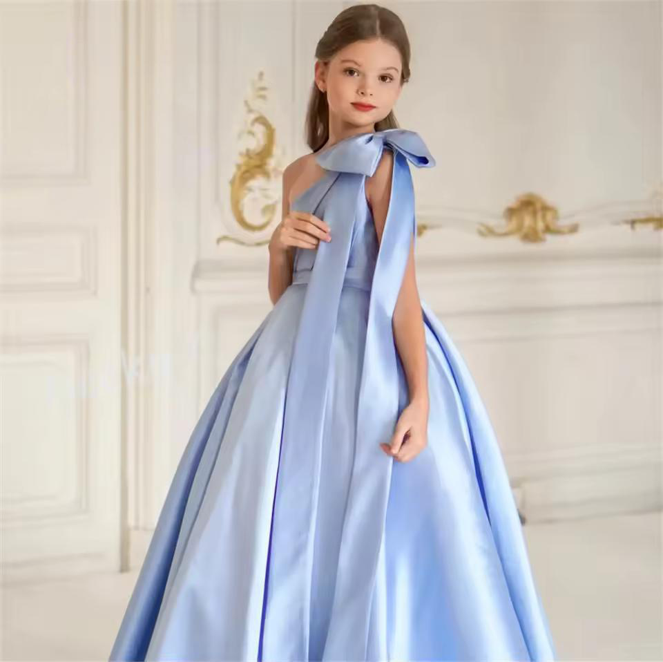 Sweet Bow One-Shoulder A-Line Floor-Length Satin Flower Girl Dress