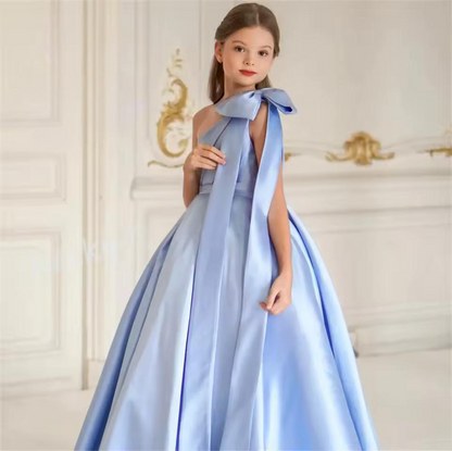 Sweet Bow One-Shoulder A-Line Floor-Length Satin Flower Girl Dress