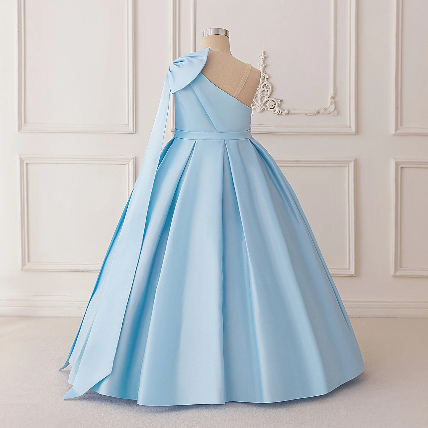 Sweet Bow One-Shoulder A-Line Floor-Length Satin Flower Girl Dress