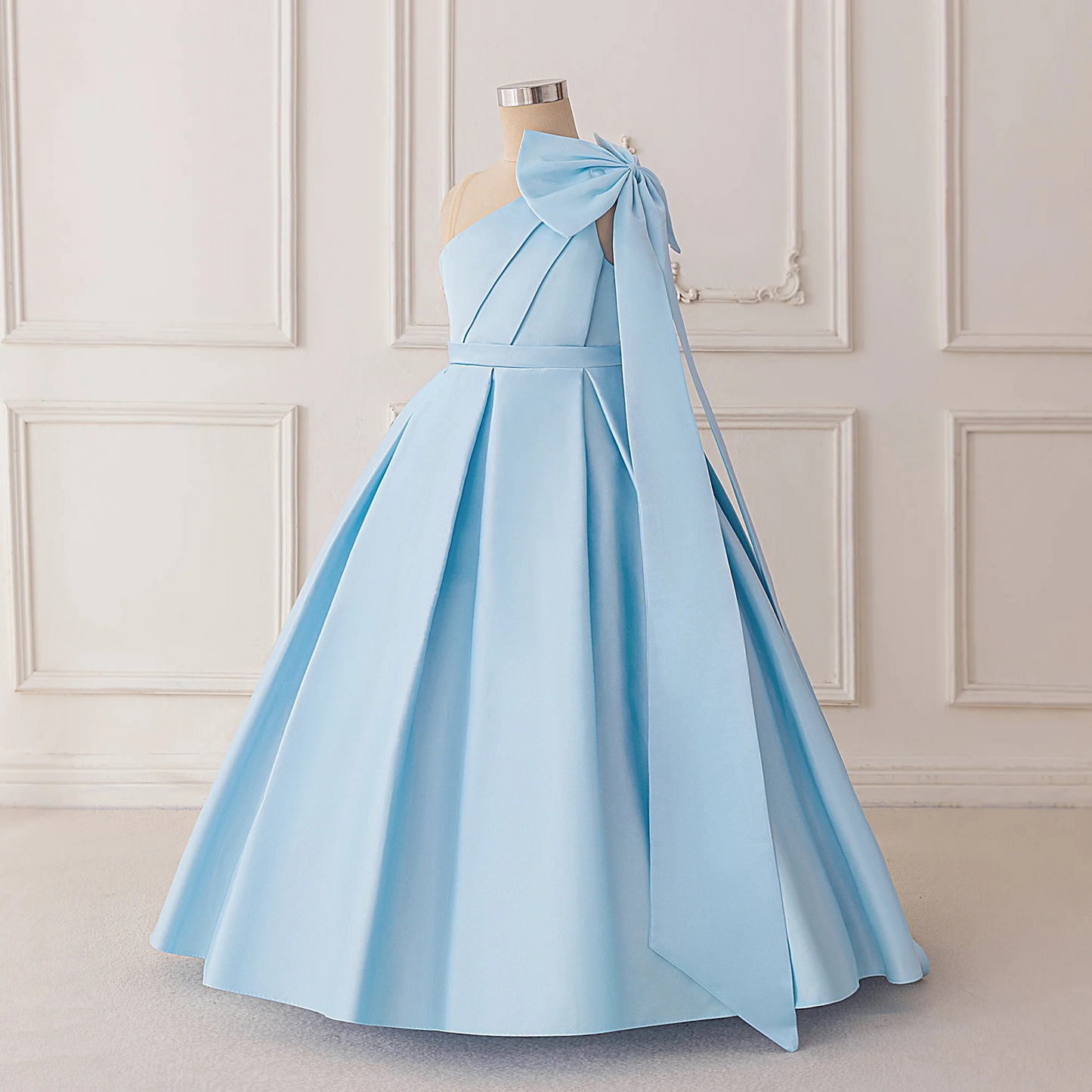 Sweet Bow One-Shoulder A-Line Floor-Length Satin Flower Girl Dress