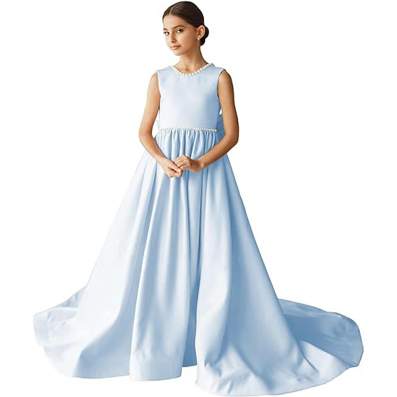 Beading Scoop Neck Sleeveless A-Line Sweep Train Flower Girl Dress