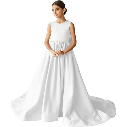 Beading Scoop Neck Sleeveless A-Line Sweep Train Flower Girl Dress