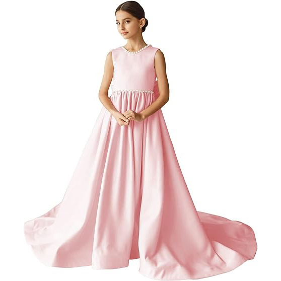 Beading Scoop Neck Sleeveless A-Line Sweep Train Flower Girl Dress