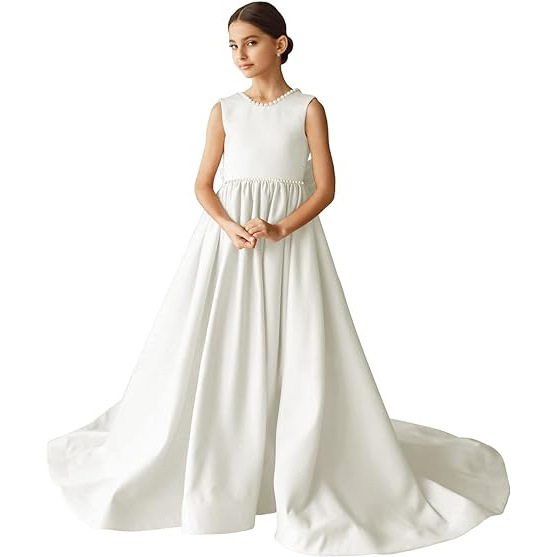 Beading Scoop Neck Sleeveless A-Line Sweep Train Flower Girl Dress