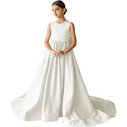 Beading Scoop Neck Sleeveless A-Line Sweep Train Flower Girl Dress