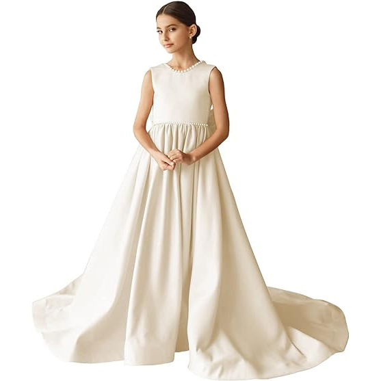 Beading Scoop Neck Sleeveless A-Line Sweep Train Flower Girl Dress