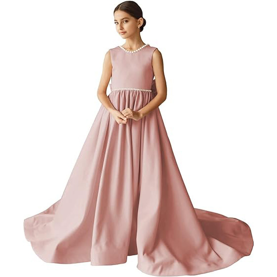 Beading Scoop Neck Sleeveless A-Line Sweep Train Flower Girl Dress