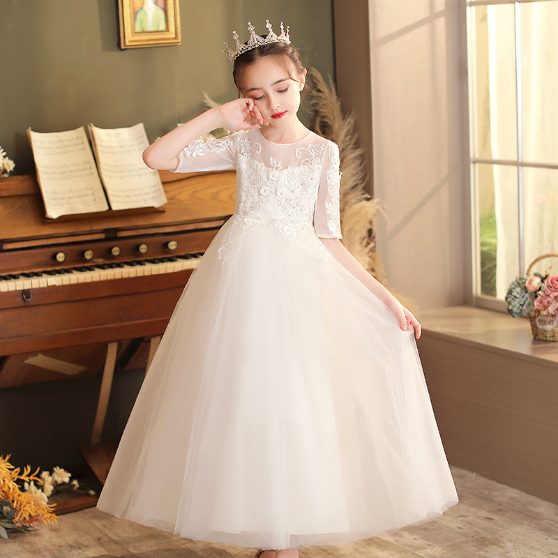 Lace A-Line Illusion Neck 1/2 Sleeves Tulle Flower Girl Dress