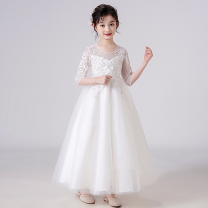 Lace A-Line Illusion Neck 1/2 Sleeves Tulle Flower Girl Dress