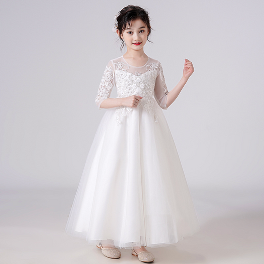 Lace A-Line Illusion Neck 1/2 Sleeves Tulle Flower Girl Dress