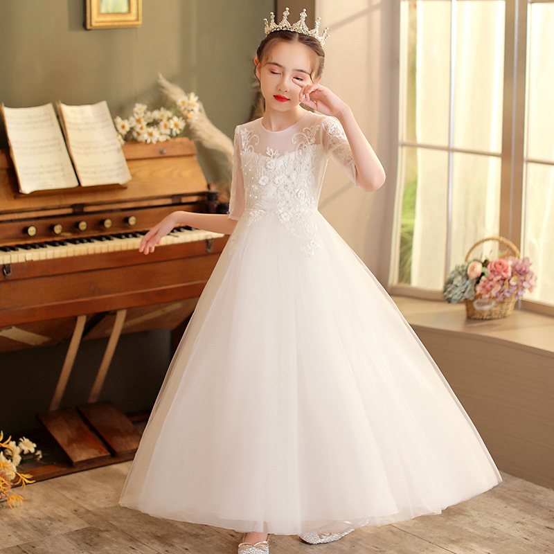 Lace A-Line Illusion Neck 1/2 Sleeves Tulle Flower Girl Dress
