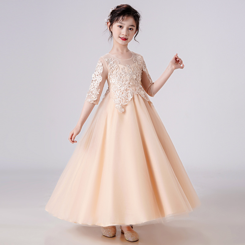Lace A-Line Illusion Neck 1/2 Sleeves Tulle Flower Girl Dress