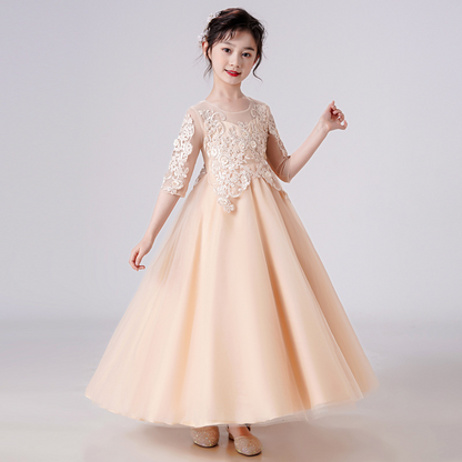 Lace A-Line Illusion Neck 1/2 Sleeves Tulle Flower Girl Dress
