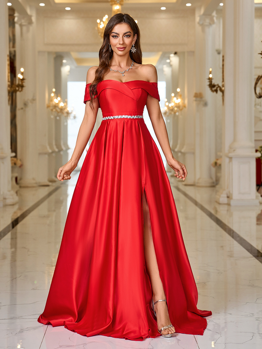 A-Line Sweep Train Satin Prom Dress With Sequins