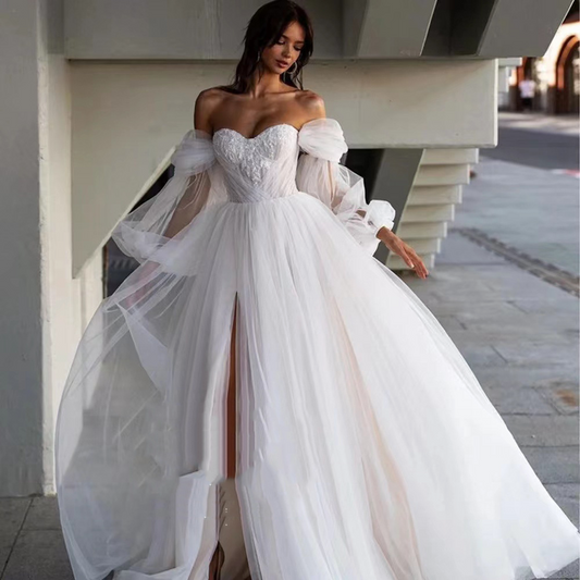 Off-The-Shoulder Long Lantern Sleeves A-Line Tulle Prom Dress
