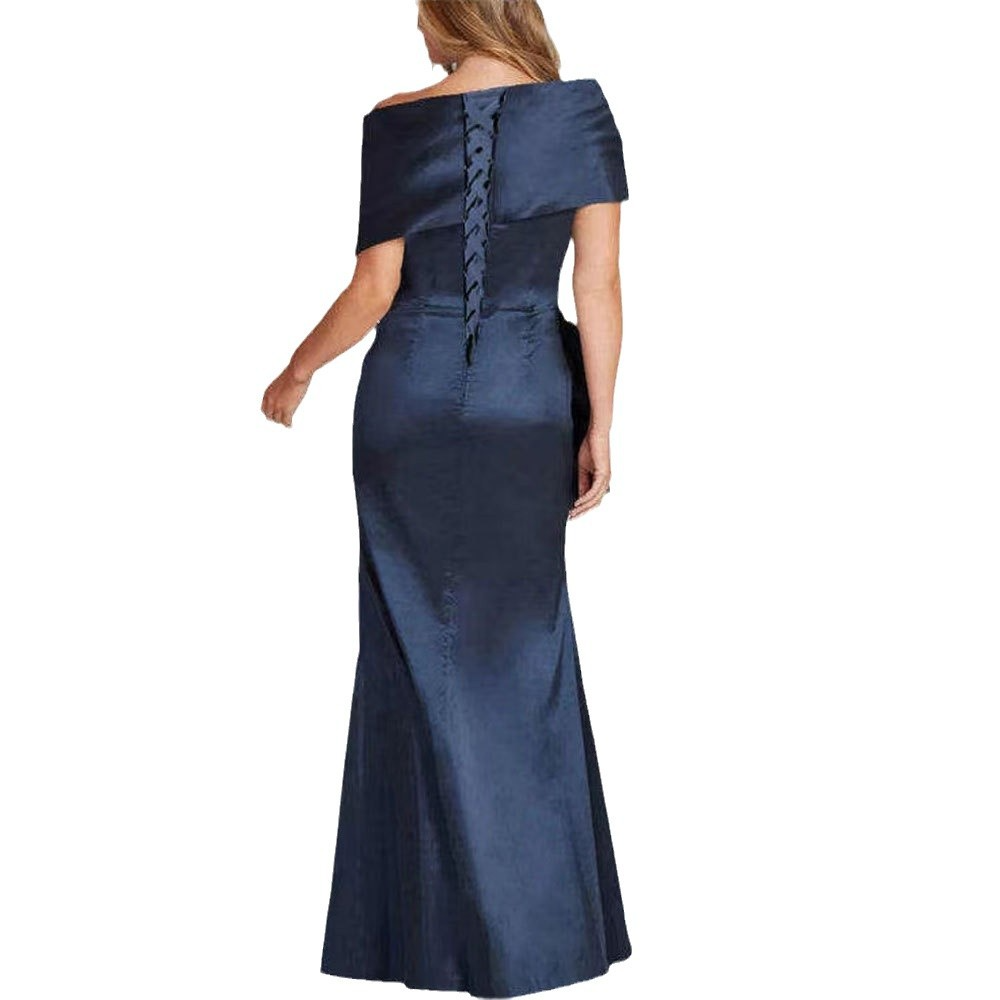 Navy Off-Shoulder Wrap Floor-Length Evening Dress