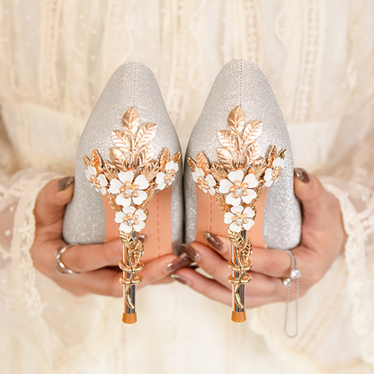 Decorative Heel Pointed Toe Glitter High Heel Shoes