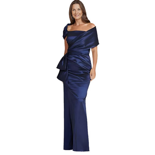 Navy Off-Shoulder Wrap Floor-Length Evening Dress